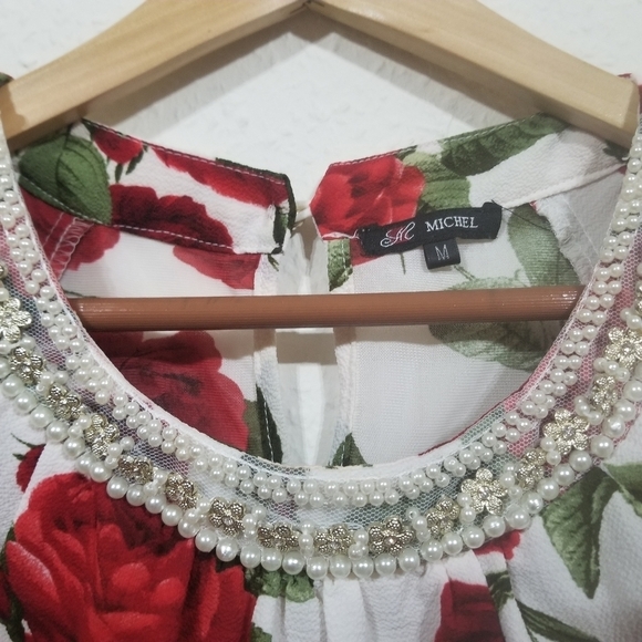 Women's White Floral Cold Shoulder Sar Michel Pearl Neckline Blouse - Picture 3 of 7